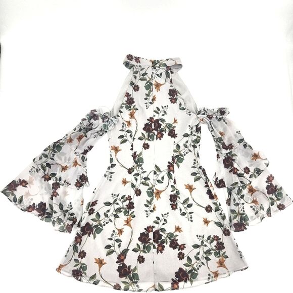 Keepsake Twilight Dreams Mini Dress Small Women Gray Garden Floral Cold Shoulder - Picture 3 of 11